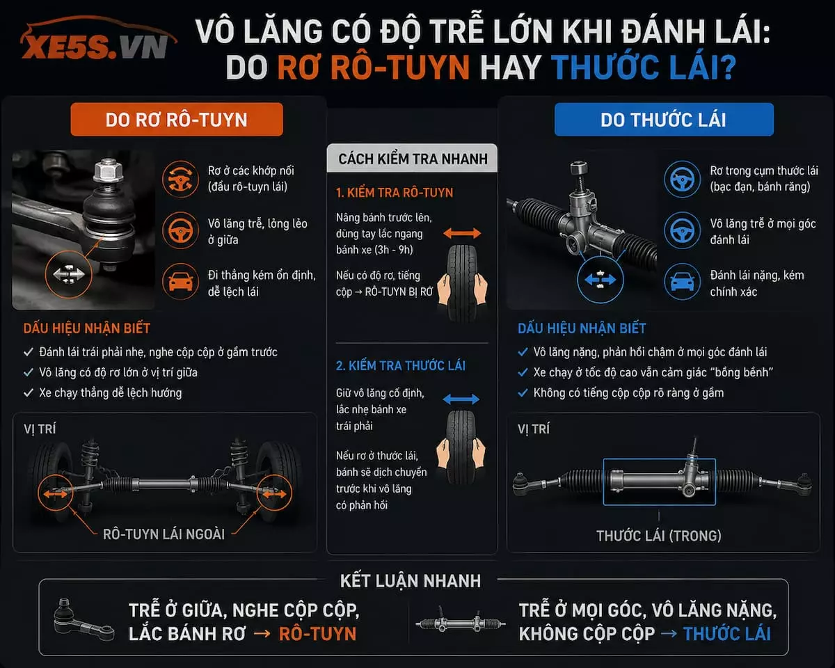 Vô lăng có độ trễ lớn khi đánh lái: Do rơ rô-tuyn hay thước lái?