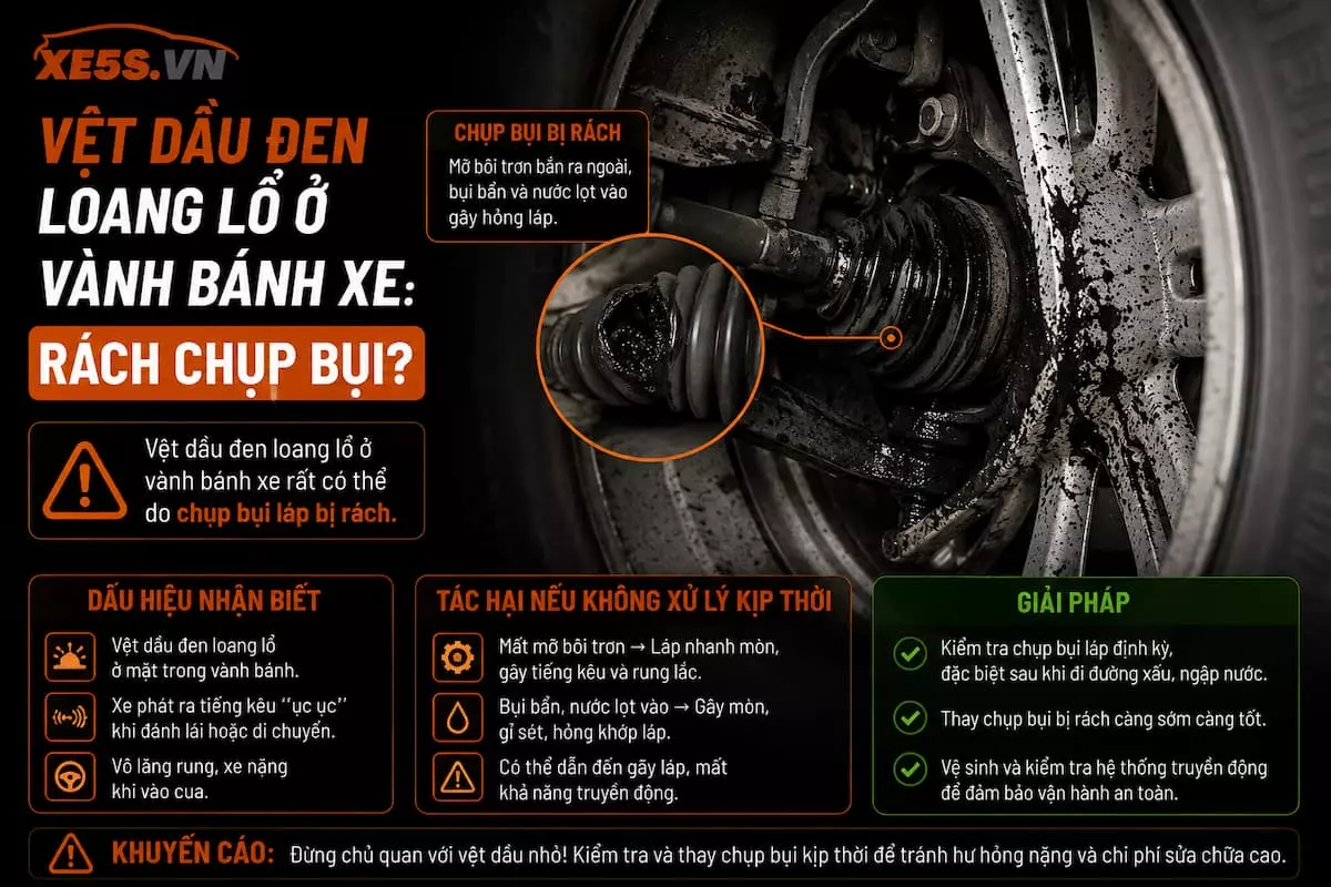 Vệt dầu đen loang lổ ở vành bánh xe: Rách chụp bụi?