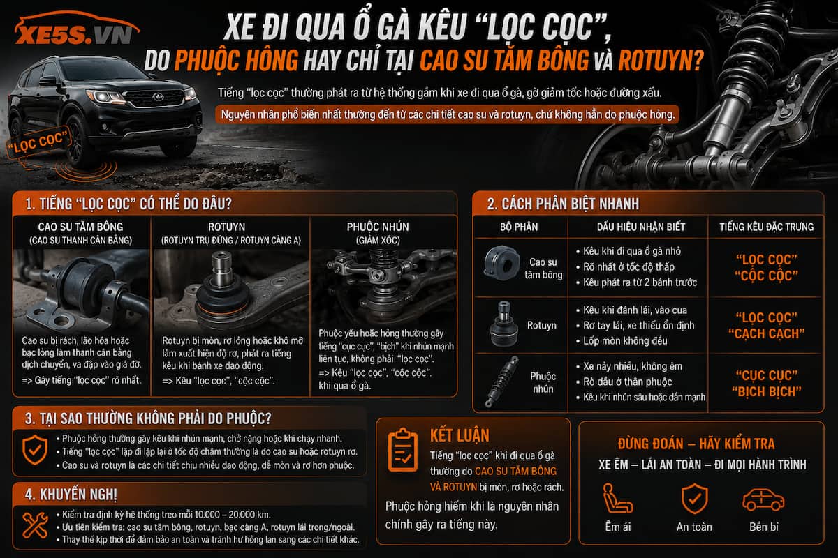 Xe đi qua ổ gà kêu "lọc cọc", do phuộc hỏng hay chỉ tại cao su tăm bông và rô-tuyn?