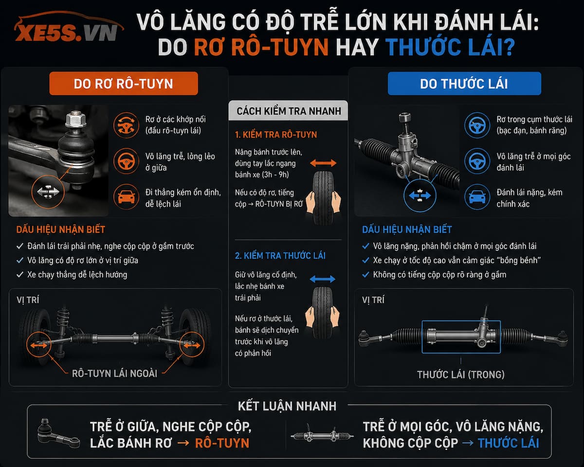 Vô lăng có độ trễ lớn khi đánh lái: Do rơ rô-tuyn hay thước lái?