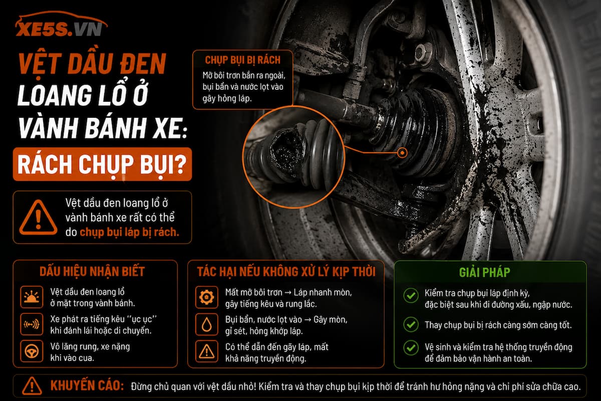 Vệt dầu đen loang lổ ở vành bánh xe: Rách chụp bụi?