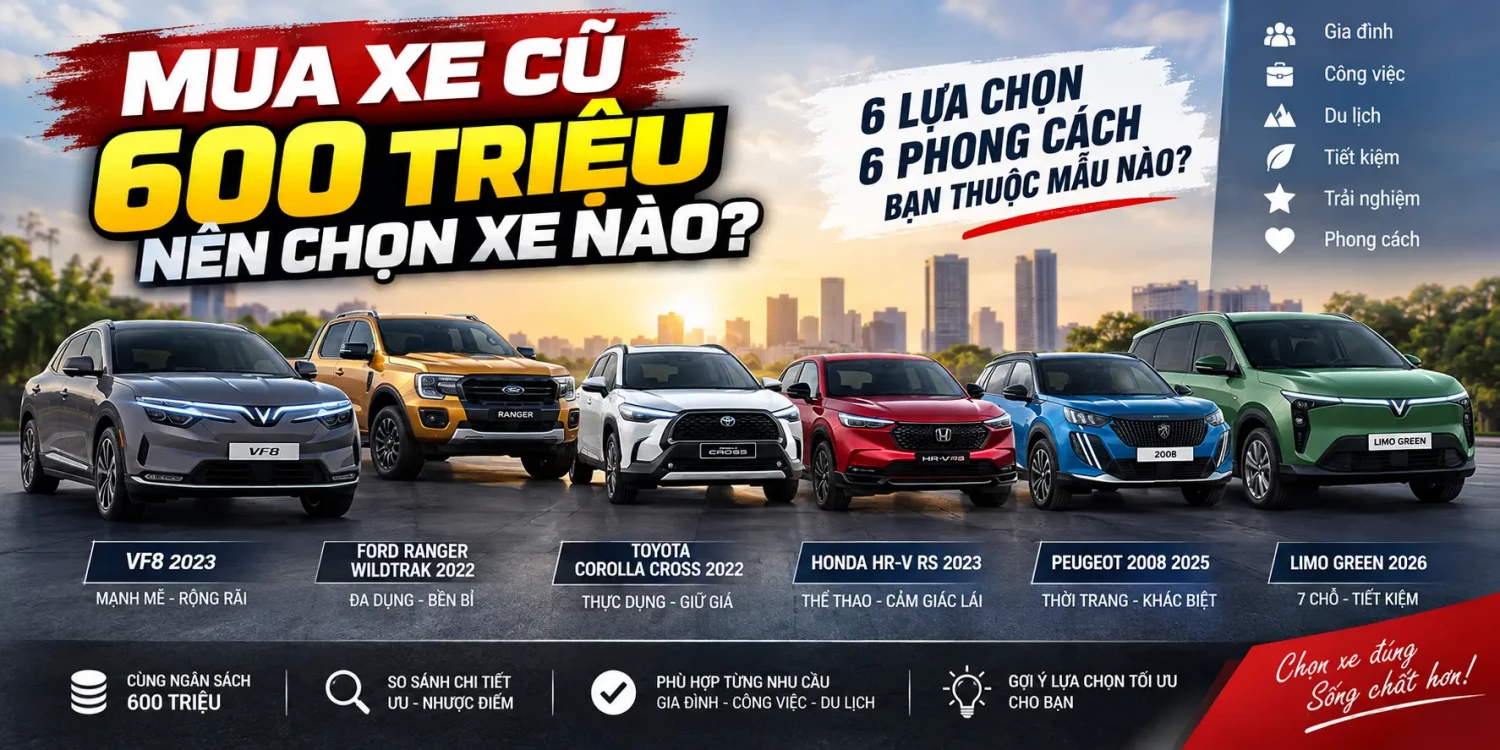Mua xe cũ 600tr chọn xe nào: VF8 2023, Ranger Wildtrak 2022, Corolla Cross 2022, HR-V RS 2023, Peugeot 2008 2025 hay Limo Green 2026?